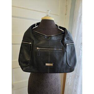 Etienne Aigner Black Leather Shoulder Bag With Multiple Zippered Pockets & Adjus
